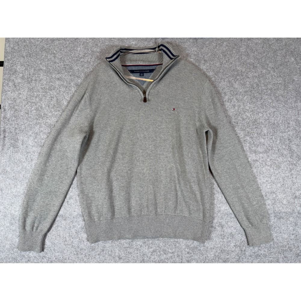 Tommy Hilfiger 1/4 Zip Sweater Mens L Gray Good Cotton Mock Neck Pullover